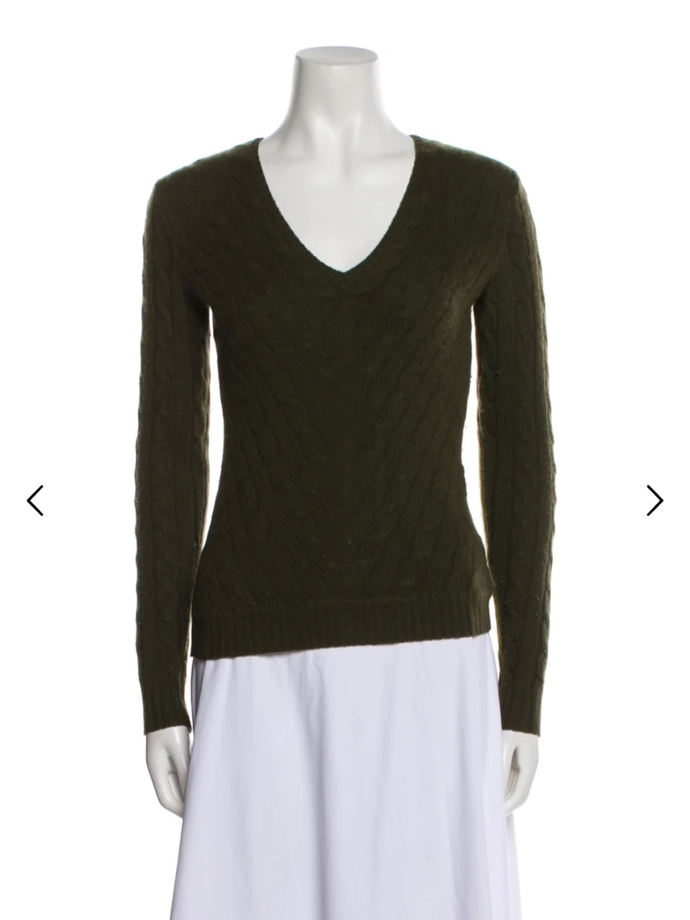 RALPH LAUREN Cashmere Women’s Olive Cable-Knit V-Neck Sweater